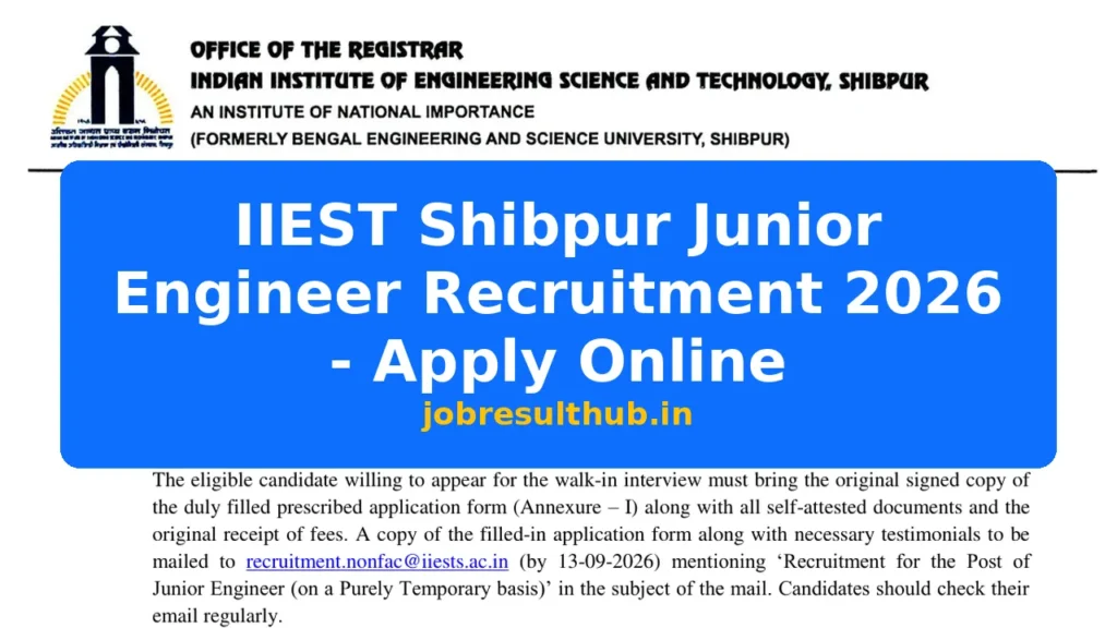 IIEST Shibpur Junior Engineer Recruitment 2026 - Apply Online - 2026 Posts
