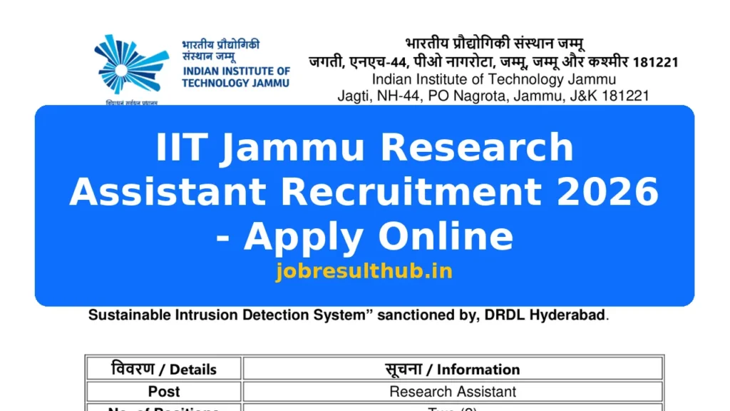 IIT Jammu Research Assistant Recruitment 2026 - Apply Online - 2026 Posts