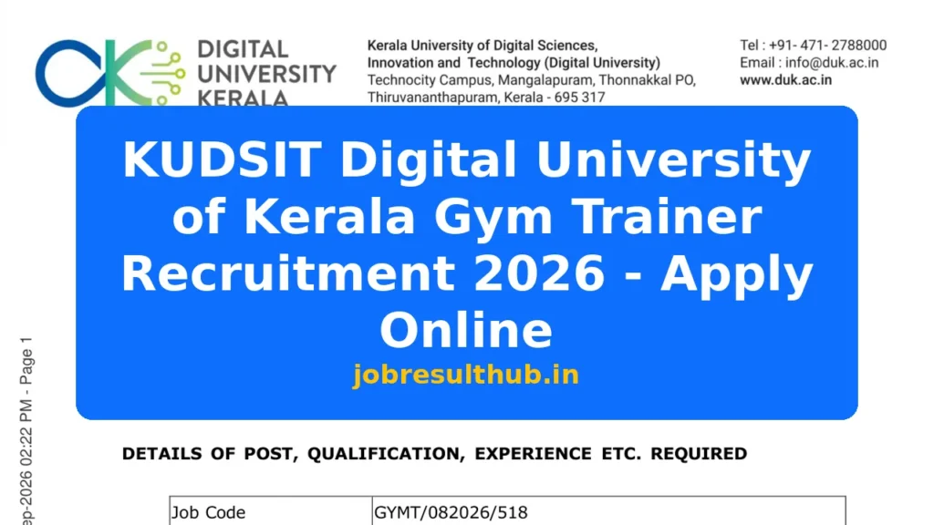 KUDSIT Digital University of Kerala Gym Trainer Recruitment 2026 - Apply Online - 2026 Posts