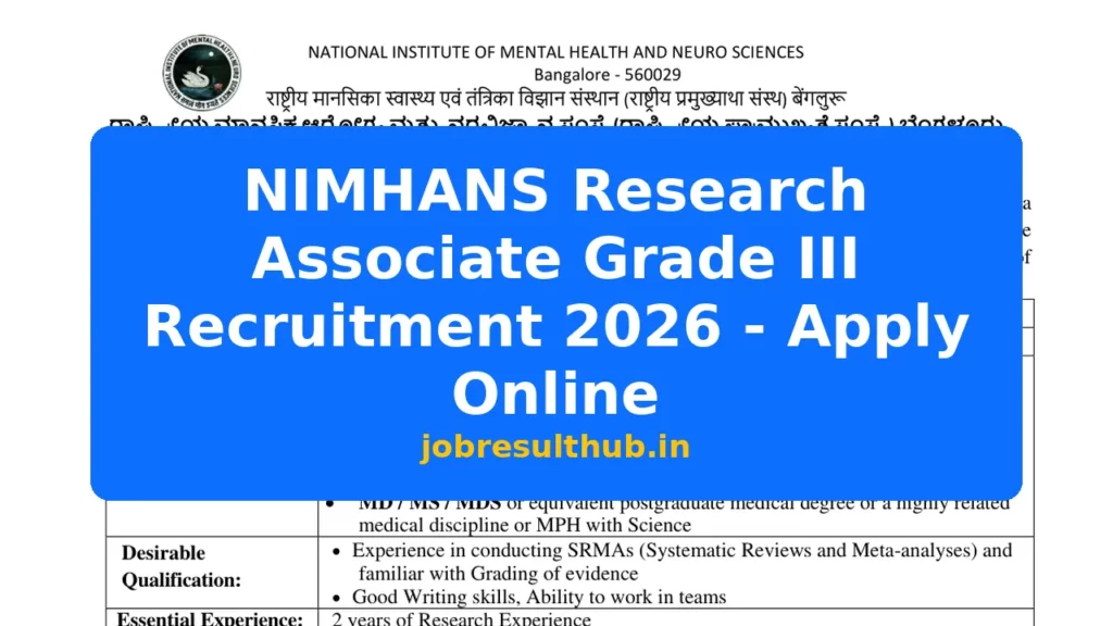 NIMHANS Research Associate Grade III Recruitment 2026 - Apply Online - 2026 Posts