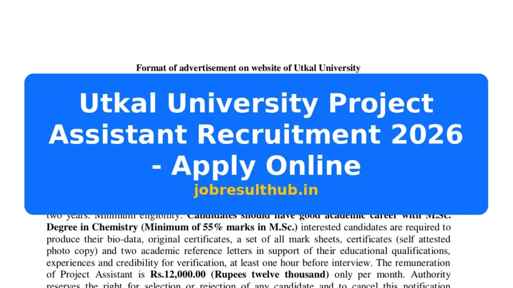 Utkal University Project Assistant Recruitment 2026 - Apply Online - 2026 Posts
