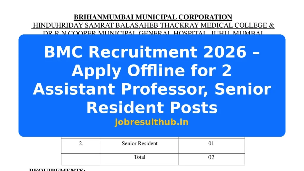BMC Recruitment 2026 – Apply Offline for 2 Assistant Professor, Senior Resident Posts - 2 Posts